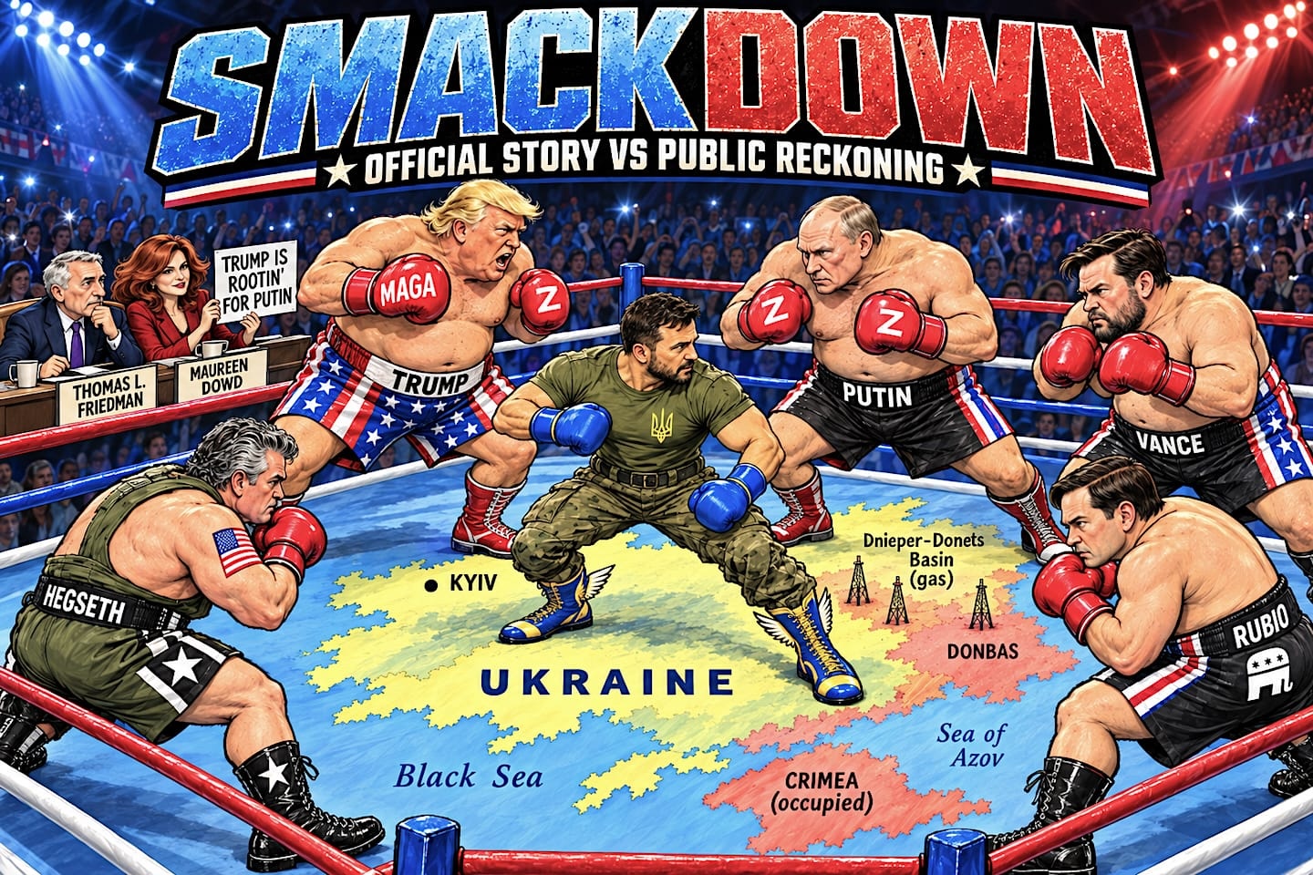 AI-generated editorial illustration: Volodymyr Zelensky faces Donald Trump, Vladimir Putin, and other political figures in a fictional wrestling-ring showdown over Ukraine.